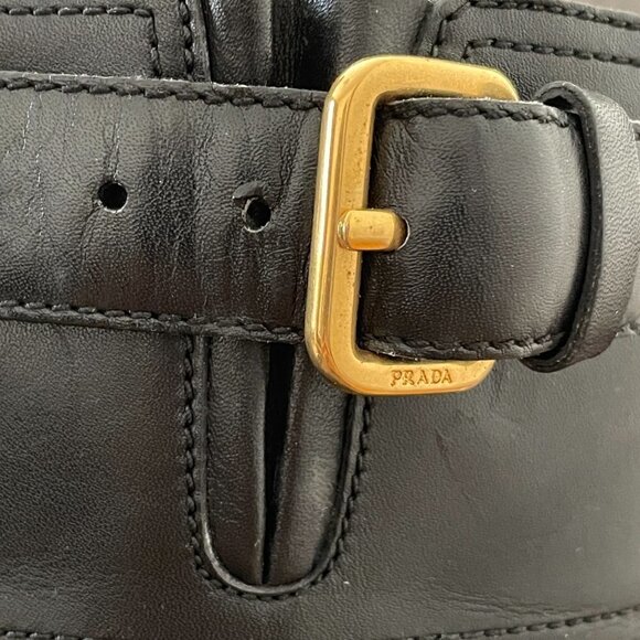 Prada Black Leather Tall Pull On Riding Moto Boot 2000's New Dead Stock 38.5/8.5 - Picture 7 of 11